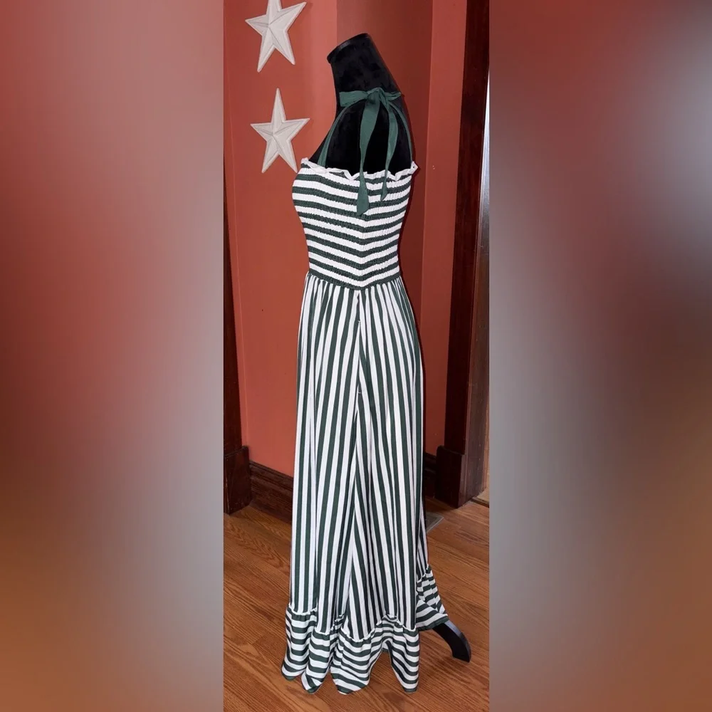 NWOT-Summersalt Green and White Striped Smocked Maxi Dress - Picture 3 of 8